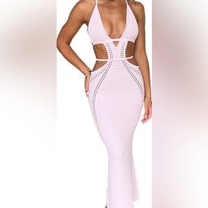 White Midi Pencil Skirt with Cut Out Ribbed Design